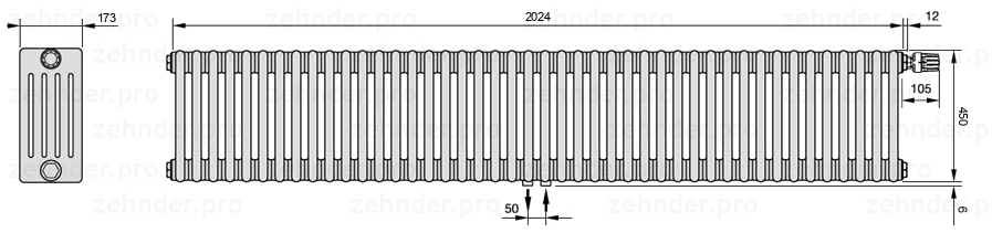 Схема (чертеж) Радиатор Zehnder Charleston 5045/44 №V008 Белый глянцевый RAL 9016